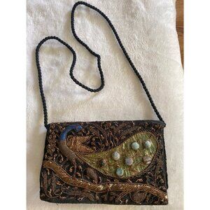 Vintage Embroidered Peacock Evening Bag  Beaded stone Design & Rope Strap purse